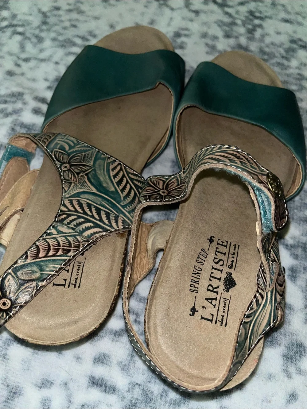 L'Artiste by Spring Step Ceylan Sandals Teal Leather Brown Size 40 US 9 VGUC